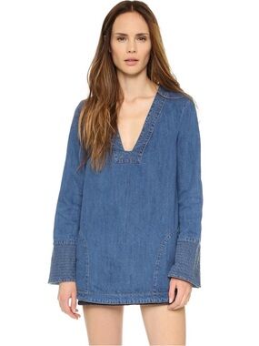 Free People Dreaming Of Denim Tunic Top XS Hendrix Blue Bell Sleeve